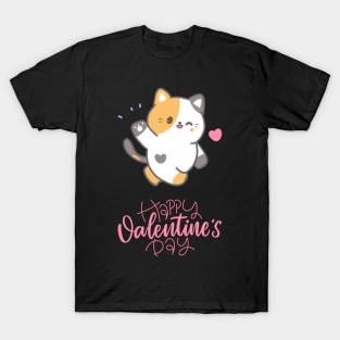 Pink White Yellow Colorful Illustrated Cute Cat Valentine's Day T-Shirt